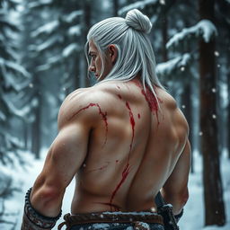 A human warrior with long white hair tied in a bun, his blood red eyes intense as he gazes over his shoulder