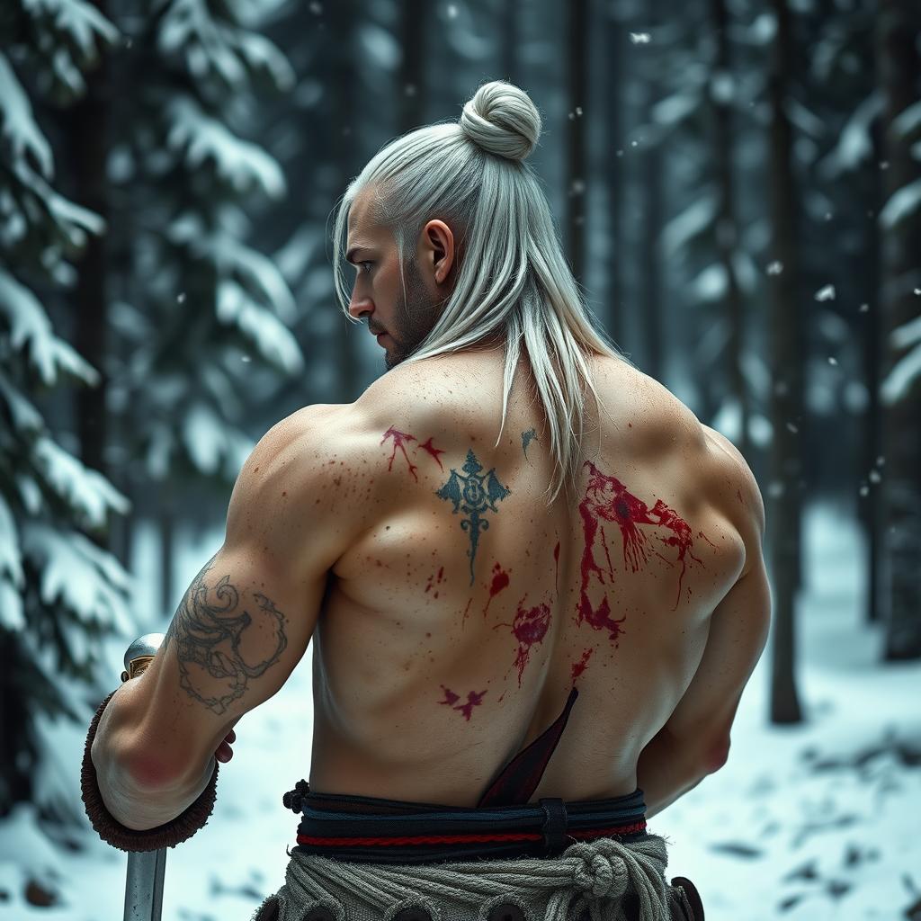 A human warrior with long white hair tied in a bun, his blood red eyes intense as he gazes over his shoulder