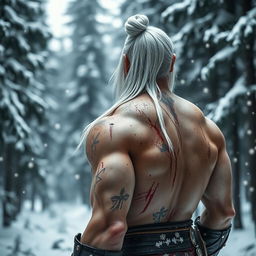 A human warrior with long white hair tied in a bun, his blood red eyes intense as he gazes over his shoulder