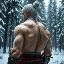 A human warrior with long white hair tied in a bun, his blood red eyes intense as he gazes over his shoulder