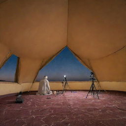 Inside an Arabian tent under a desert night sky, telescopes are set up for a stargazing session. Astronomy experts guide visitors, pointing out constellations and sharing celestial tales.