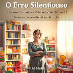 A thought-provoking book cover design featuring a curious mother standing in a cozy nursery filled with vibrant toys and colorful books