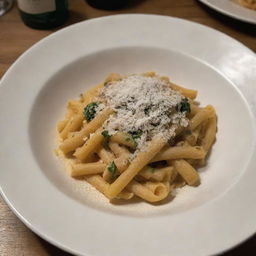 A beautifully plated dish of pasta only dusted with parmesan cheese under soft warm lighting, with absolutely no green elements present anywhere.