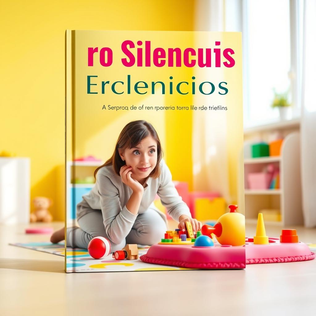 A visually striking book cover featuring a curious mother kneeling beside a colorful playmat in a bright, cheerful nursery