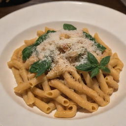 A beautifully plated dish of pasta only dusted with parmesan cheese under soft warm lighting, with absolutely no green elements present anywhere.