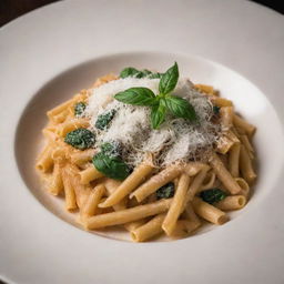 A beautifully plated dish of pasta only dusted with parmesan cheese under soft warm lighting, with absolutely no green elements present anywhere.