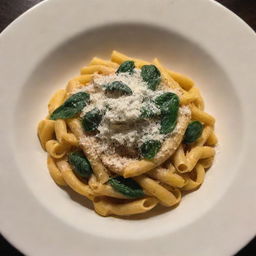 A beautifully plated dish of pasta only dusted with parmesan cheese under soft warm lighting, with absolutely no green elements present anywhere.