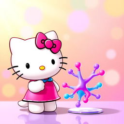 Una encantadora imagen de Hello Kitty, diseñando en su estilo icónico y tierno, interactuando con una enzima representada de manera amistosa y colorida