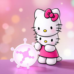 Una encantadora imagen de Hello Kitty, diseñando en su estilo icónico y tierno, interactuando con una enzima representada de manera amistosa y colorida