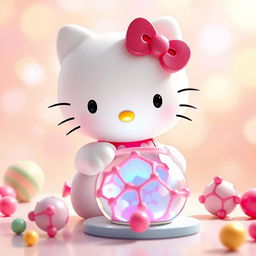 Una imagen encantadora de Hello Kitty, diseñada en su icónico estilo tierno, interactuando con una enzima y su sustrato