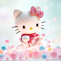 Una imagen encantadora de Hello Kitty, diseñada en su icónico estilo tierno, interactuando con una enzima y su sustrato