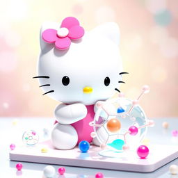 Una imagen encantadora de Hello Kitty, diseñada en su icónico estilo tierno, interactuando con una enzima y su sustrato