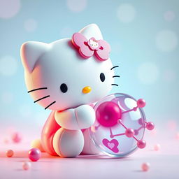 Una imagen encantadora de Hello Kitty, diseñada en su icónico estilo tierno, interactuando con una enzima y su sustrato