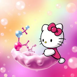 Una bonita imagen de Hello Kitty, diseñada en su estilo icónico y adorable, interactuando con una enzima y el sustrato de una célula