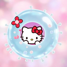 Una bonita imagen de Hello Kitty, diseñada en su estilo icónico y adorable, interactuando con una enzima y el sustrato de una célula