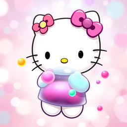 Una bonita imagen de Hello Kitty, diseñada en su estilo icónico y adorable, interactuando con una enzima y el sustrato de una célula