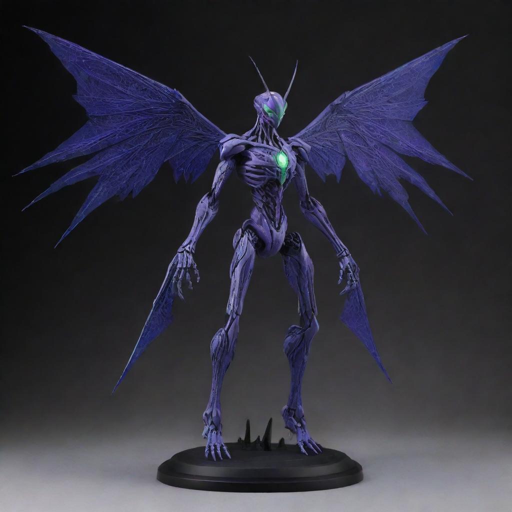 Create a chilling monster inspired by the Evangelion series but devoid of wings. Emphasize on its towering structure, encased with intricate biometrical patterns, illuminating with an eerie glow.