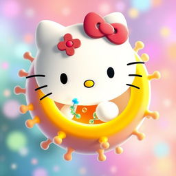 Una bonita imagen de Hello Kitty, diseñada en su estilo icónico y adorable, interactuando con una enzima y el sustrato de una célula