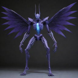 Create a chilling monster inspired by the Evangelion series but devoid of wings. Emphasize on its towering structure, encased with intricate biometrical patterns, illuminating with an eerie glow.