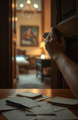 A woman’s elegantly manicured hand gently opens a vintage wooden door, revealing a glimpse of an inviting interior filled with warm lighting