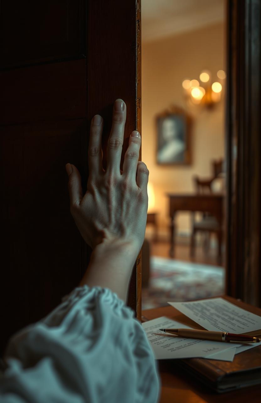 A woman’s elegantly manicured hand gently opens a vintage wooden door, revealing a glimpse of an inviting interior filled with warm lighting