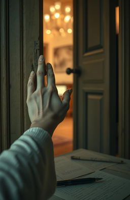 A woman’s elegantly manicured hand gently opens a vintage wooden door, revealing a glimpse of an inviting interior filled with warm lighting