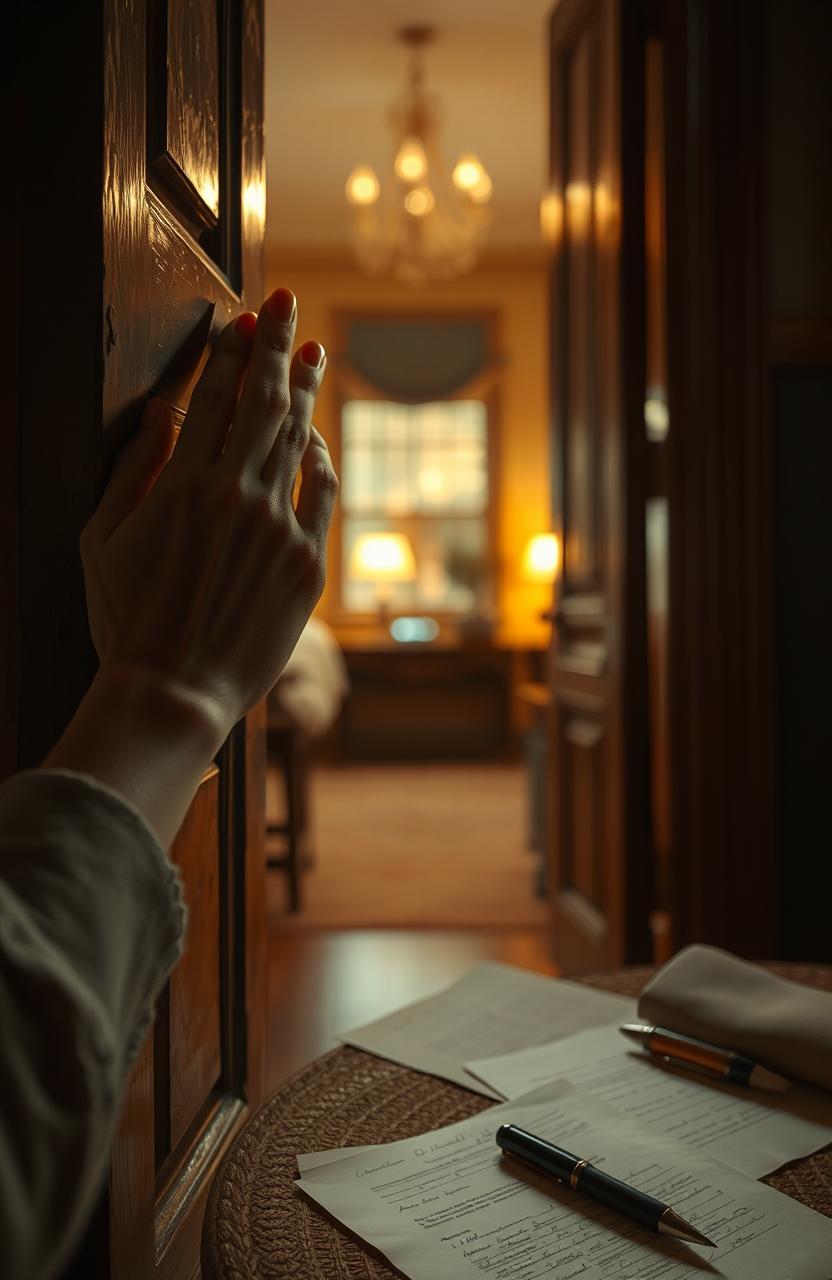 A woman’s elegantly manicured hand gently opens a vintage wooden door, revealing a glimpse of an inviting interior filled with warm lighting