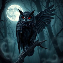 A mystical vampire owl with deep crimson eyes, perched on a gnarled branch in a dark, enchanted forest