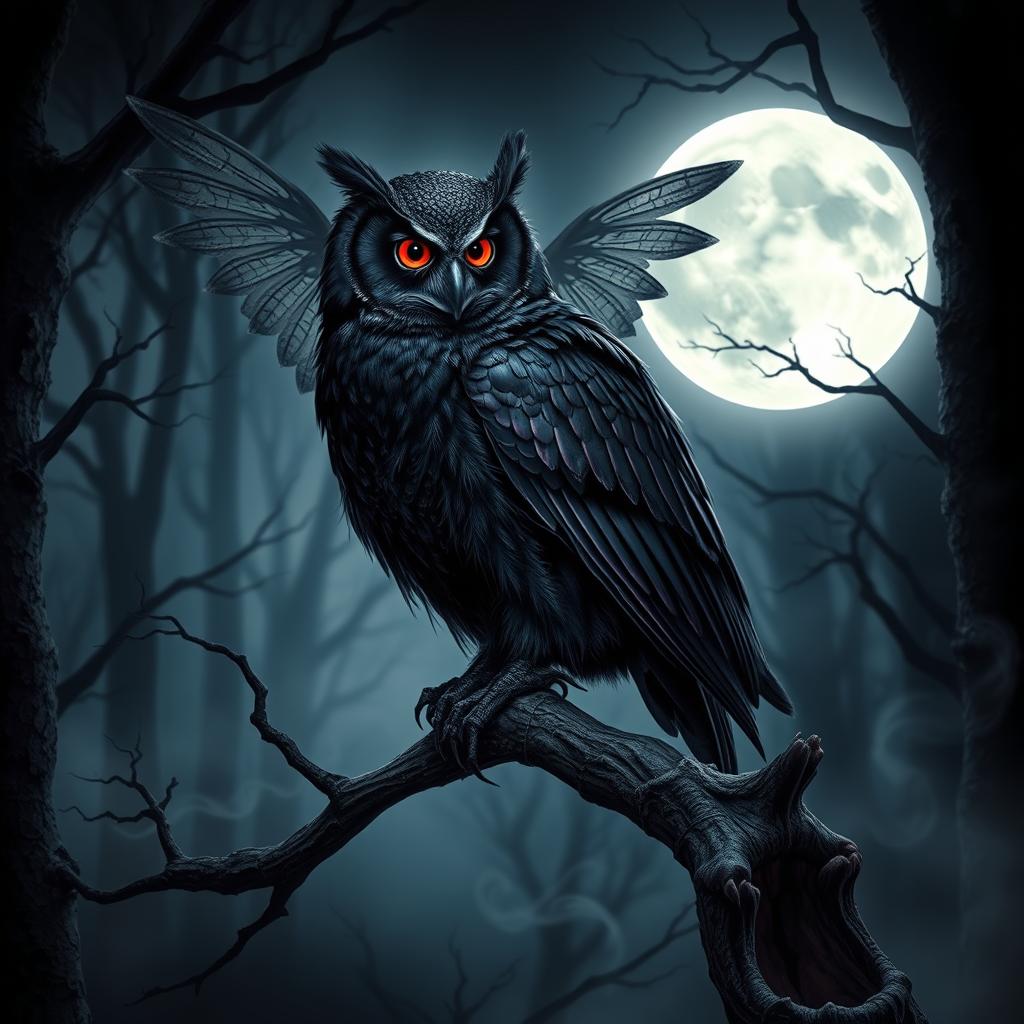 A mystical vampire owl with deep crimson eyes, perched on a gnarled branch in a dark, enchanted forest