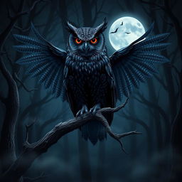 A mystical vampire owl with deep crimson eyes, perched on a gnarled branch in a dark, enchanted forest