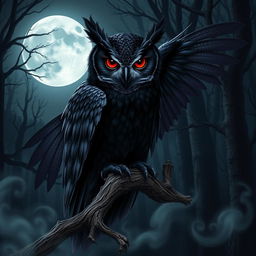 A mystical vampire owl with deep crimson eyes, perched on a gnarled branch in a dark, enchanted forest