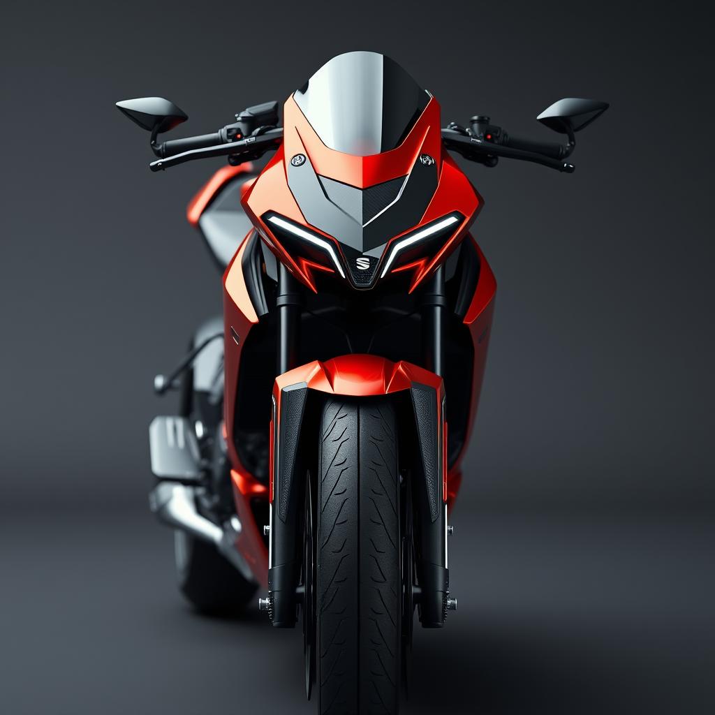 A beautifully designed futuristic hyper sport naked bike, showcasing a front view full-body perspective