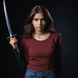 The fair-complexioned Indian girl's left eye is covered by a black cloth. Her reddish-brown hair cascades around her face as she stands strong in a full-sleeve red t-shirt and jeans, gripping a sword, set in an intensely dark ambiance.