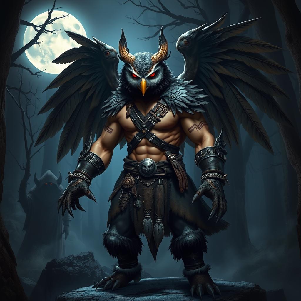 A fierce humanoid vampire owl barbarian standing proudly in a dark, enchanted forest