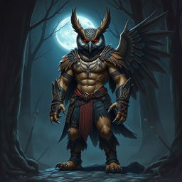 A fierce humanoid vampire owl barbarian standing proudly in a dark, enchanted forest