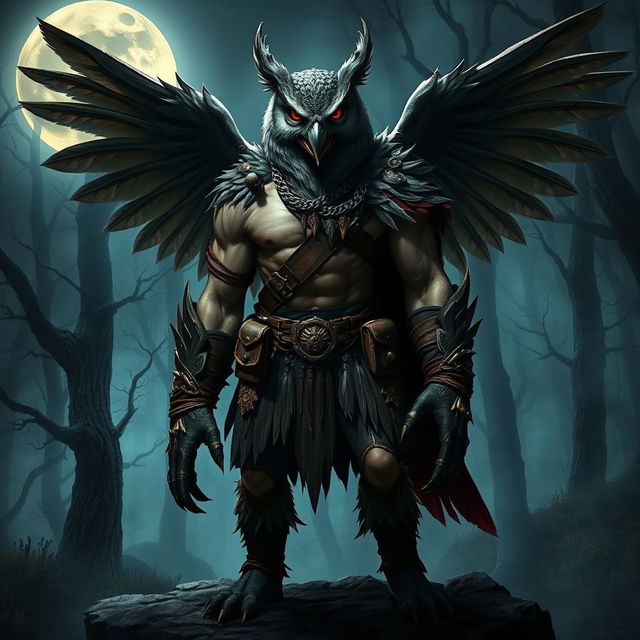 A fierce humanoid vampire owl barbarian standing proudly in a dark, enchanted forest