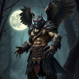 A fierce humanoid vampire owl barbarian standing proudly in a dark, enchanted forest