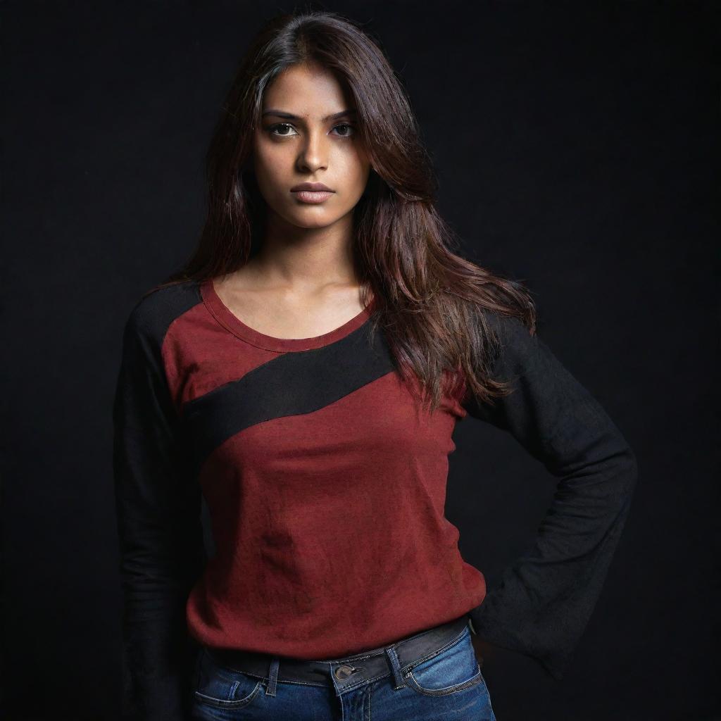 The fair-complexioned Indian girl's left eye is covered by a black cloth. Her reddish-brown hair cascades around her face as she stands strong in a full-sleeve red t-shirt and jeans, gripping a sword, set in an intensely dark ambiance.