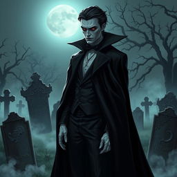 A stylish, enigmatic vampire dressed in a dramatic, flowing black cloak standing in a misty, moonlit graveyard