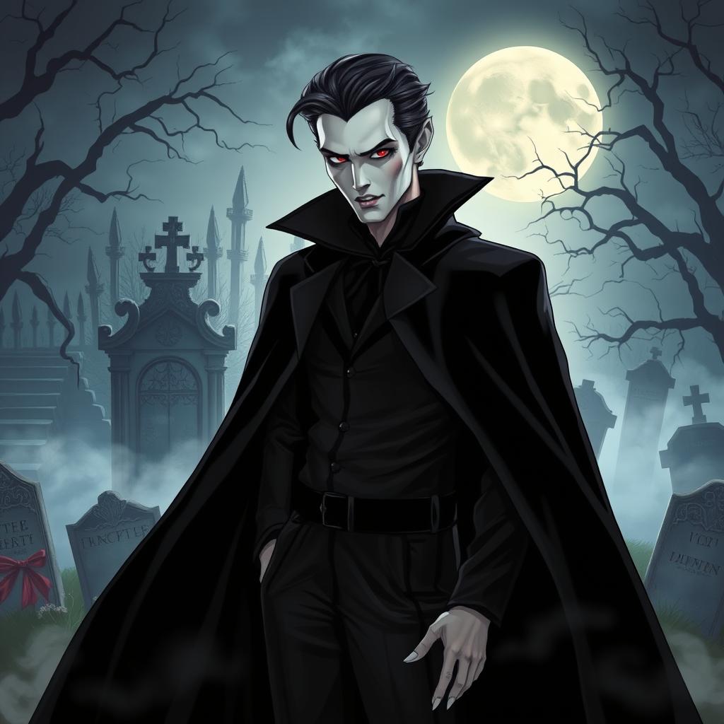 A stylish, enigmatic vampire dressed in a dramatic, flowing black cloak standing in a misty, moonlit graveyard