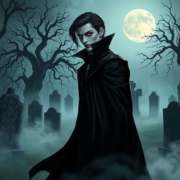 A stylish, enigmatic vampire dressed in a dramatic, flowing black cloak standing in a misty, moonlit graveyard