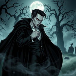 A stylish, enigmatic vampire dressed in a dramatic, flowing black cloak standing in a misty, moonlit graveyard