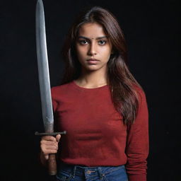 The fair-complexioned Indian girl's left eye is covered by a black cloth. Her reddish-brown hair cascades around her face as she stands strong in a full-sleeve red t-shirt and jeans, gripping a sword, set in an intensely dark ambiance.