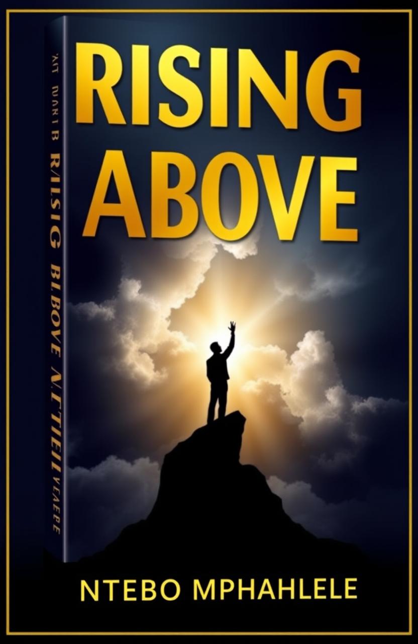 A book cover design for "Rising Above" by Ntebo Mphahlele, visually depicting a journey of overcoming challenges and achieving success