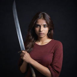 The fair-complexioned Indian girl's left eye is covered by a black cloth. Her reddish-brown hair cascades around her face as she stands strong in a full-sleeve red t-shirt and jeans, gripping a sword, set in an intensely dark ambiance.