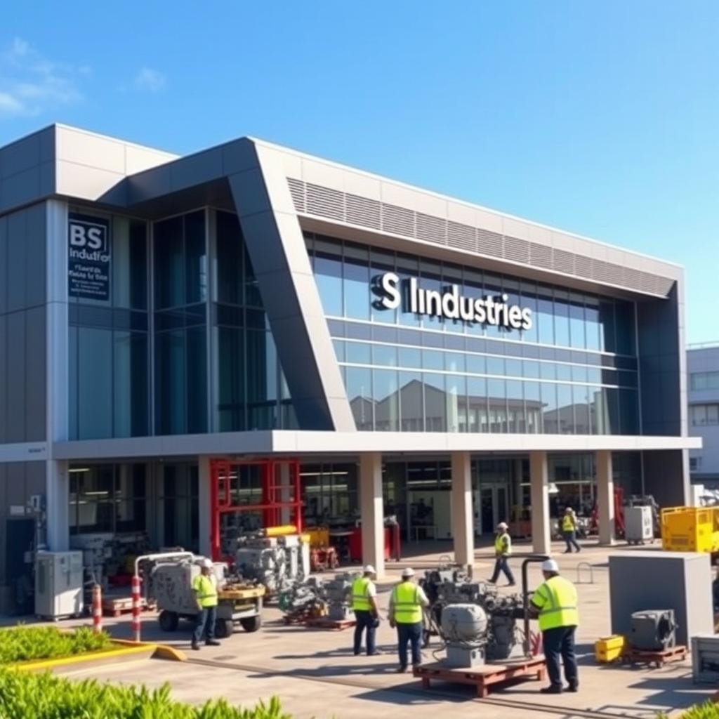 A modern industrial building representing 'B S Industries', showcasing a sleek, contemporary design with large glass windows, metal accents, and innovative architecture