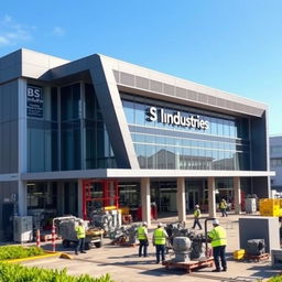 A modern industrial building representing 'B S Industries', showcasing a sleek, contemporary design with large glass windows, metal accents, and innovative architecture