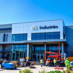 A modern industrial building representing 'B S Industries', showcasing a sleek, contemporary design with large glass windows, metal accents, and innovative architecture