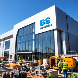 A modern industrial building representing 'B S Industries', showcasing a sleek, contemporary design with large glass windows, metal accents, and innovative architecture