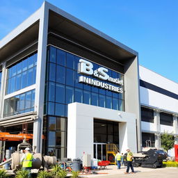 A modern industrial building representing 'B S Industries', showcasing a sleek, contemporary design with large glass windows, metal accents, and innovative architecture